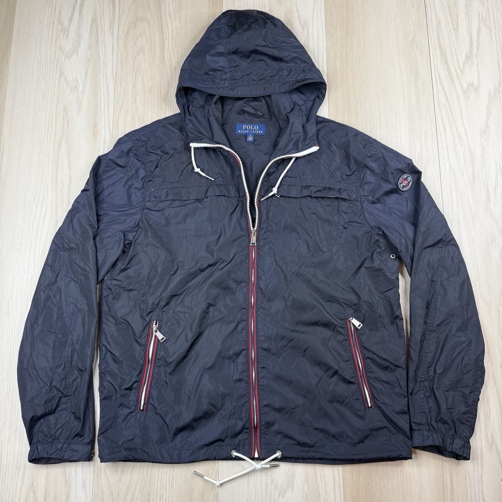 Polo Ralph Lauren Drawstring Hood Packable Anorak Jacket Navy Blue Mens Medium